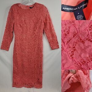 4 AMERICAN LIVING coral lace cutout 3/4 sleeve back zip midi sheath dress small